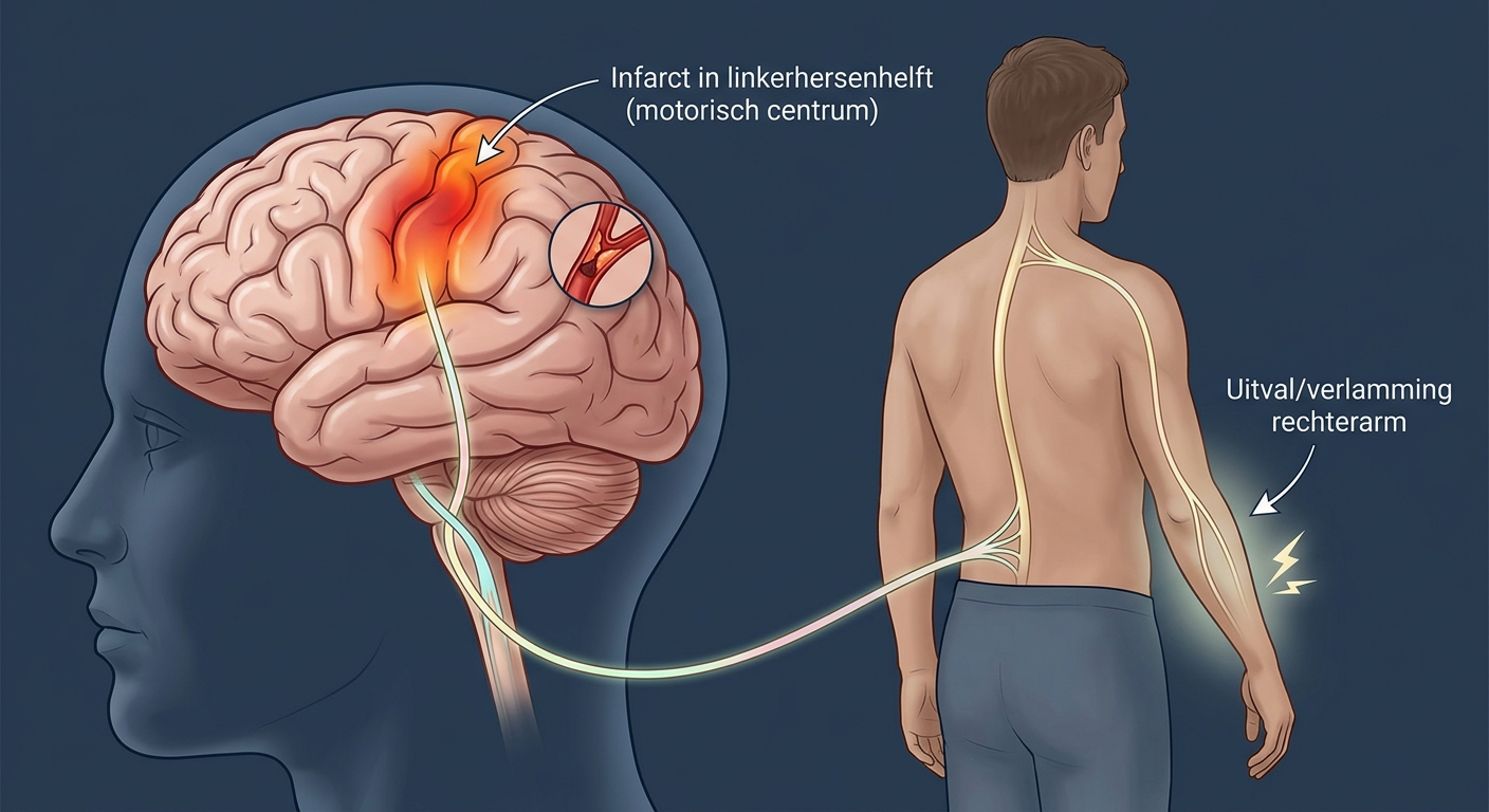 Infarct in linkerhersenhelft en uitval rechterarm